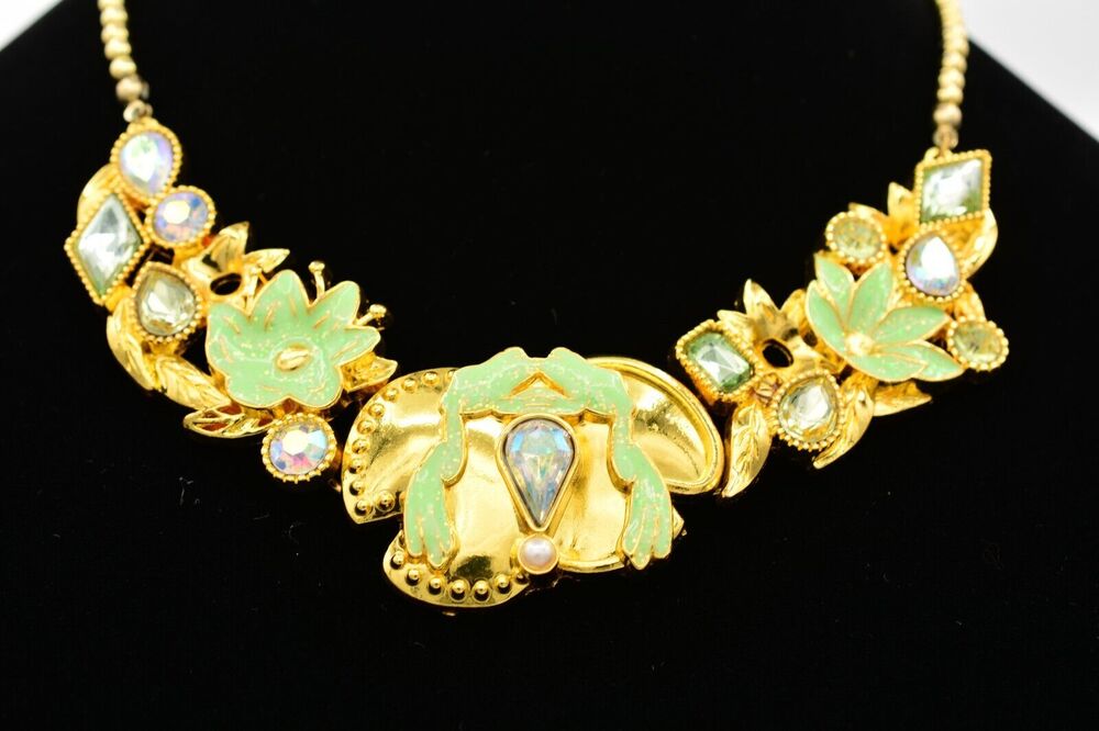 Disney Store London Necklace Princess Mint Floral Rhinestone Crystal Gold Bin6B
